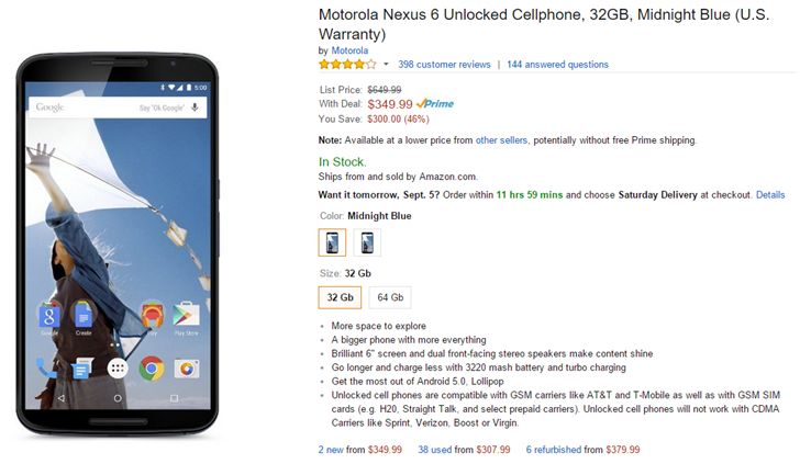Fotografía - [Offre Alerte] Amazon Chopped autre 150 $ sur le Nexus 6: 32 Go est maintenant de 350 $, 64 Go est maintenant de 400 $